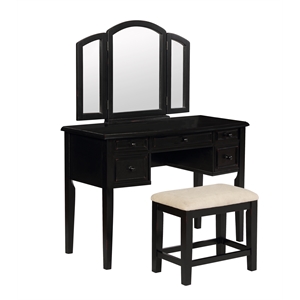 Linon Wood Vanity and Stool Set Tri-Fold Mirror 5 Drawers in Antique Black
