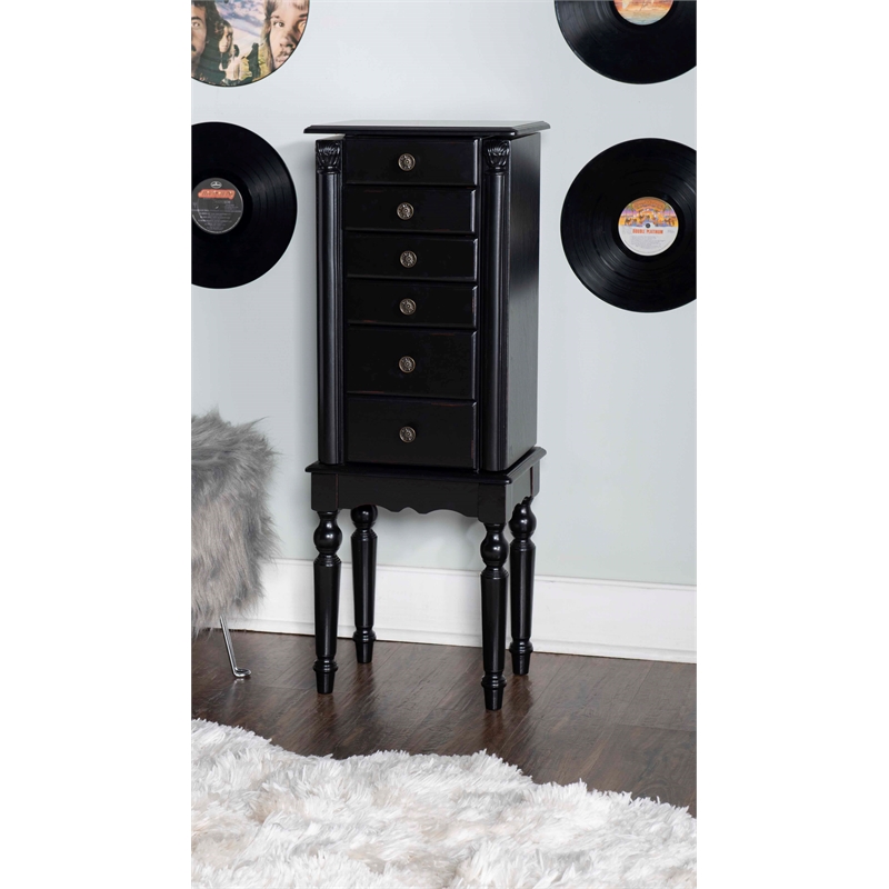 Linon Esther Distressed Wood Jewelry Armoire in Ebony Black Cymax