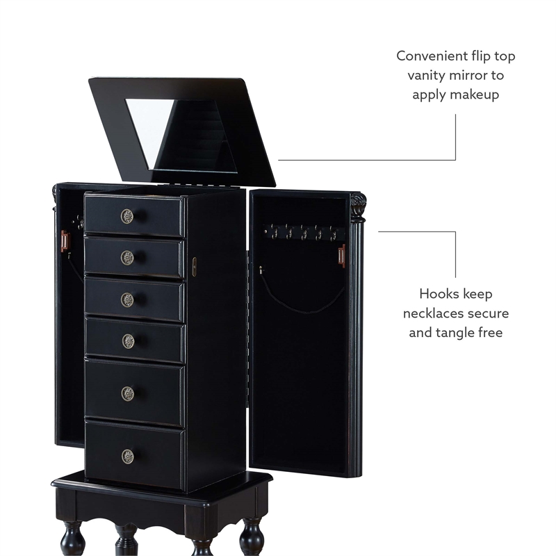 Linon Esther Distressed Wood Jewelry Armoire in Ebony Black Cymax