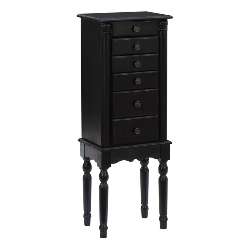 Linon Esther Distressed Wood Jewelry Armoire in Ebony Black