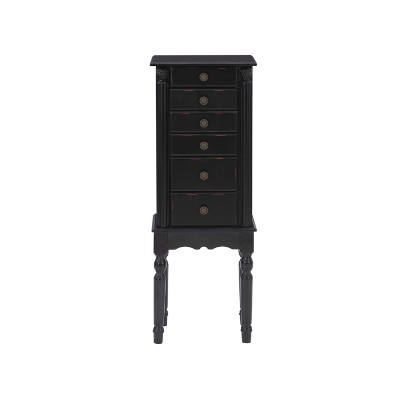 Linon Esther Distressed Wood Jewelry Armoire in Ebony Black
