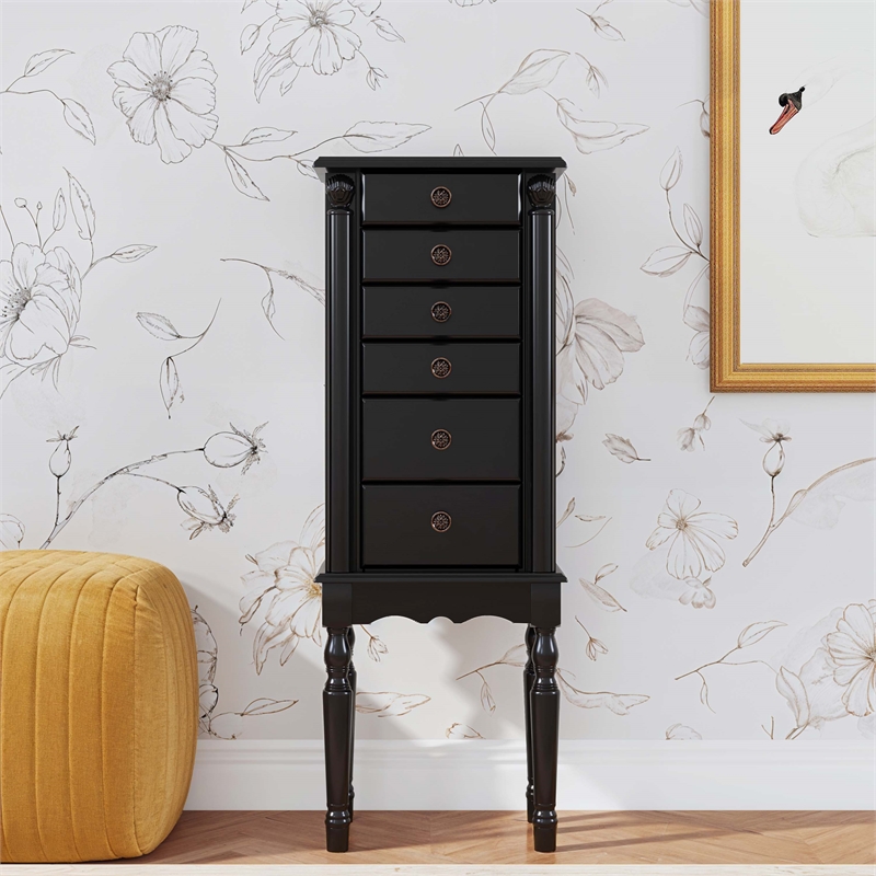 Linon Esther Distressed Wood Jewelry Armoire in Ebony Black