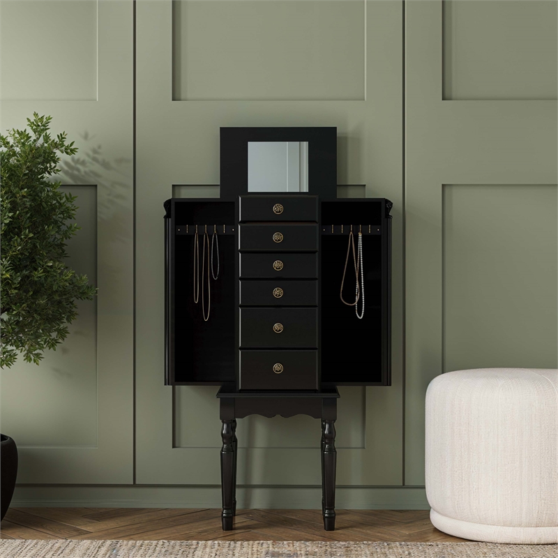 Linon Esther Distressed Wood Jewelry Armoire in Ebony Black