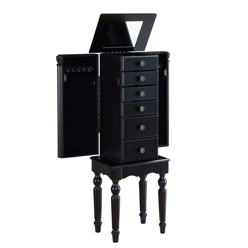 Linon Esther Distressed Wood Jewelry Armoire in Ebony Black Cymax