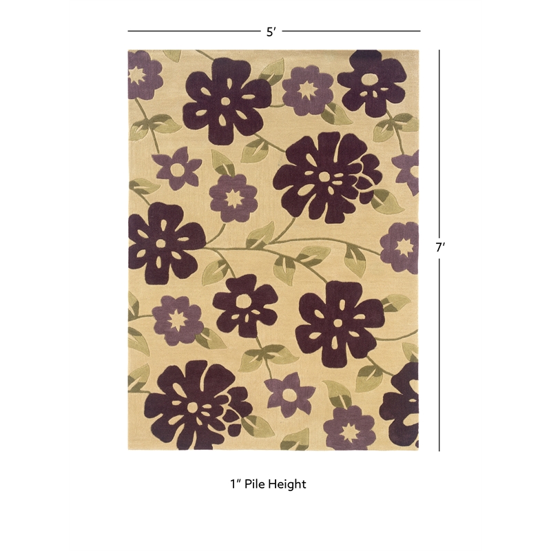 Linon Trio Flowers Hand Tufted Polyester 5'x7' Rug in Cream and Purple