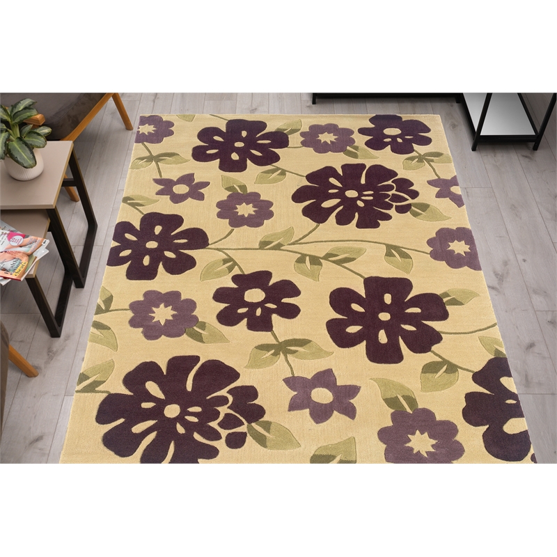 Linon Trio Flowers Hand Tufted Polyester 5'x7' Rug in Cream and Purple