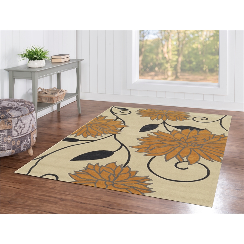 Linon Trio Floral Hand Tufted Polyester 5'x7' Rug in Ivory