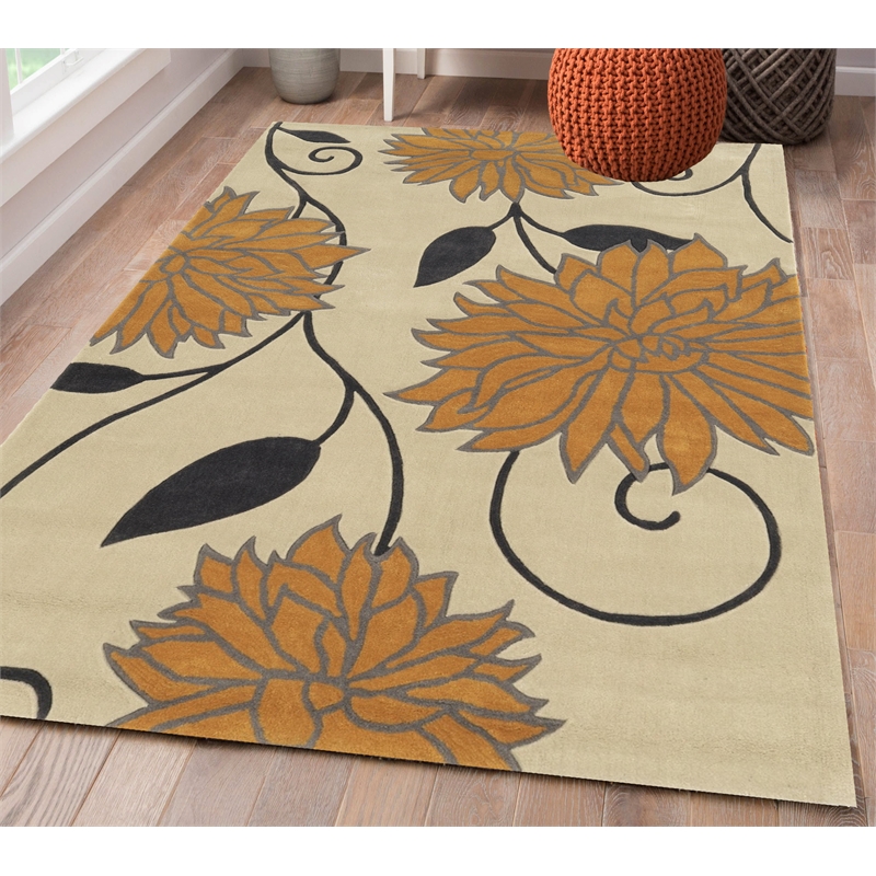 Linon Trio Floral Hand Tufted Polyester 5'x7' Rug in Ivory
