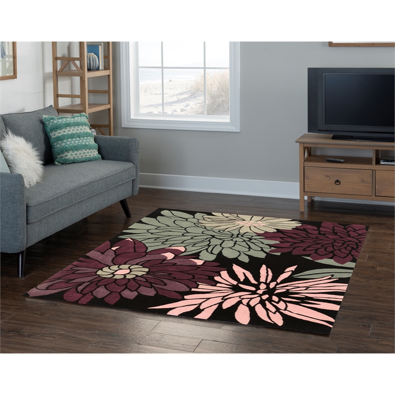 Linon Trio Mum Hand Tufted Polyester 5'x7' Rug in Black