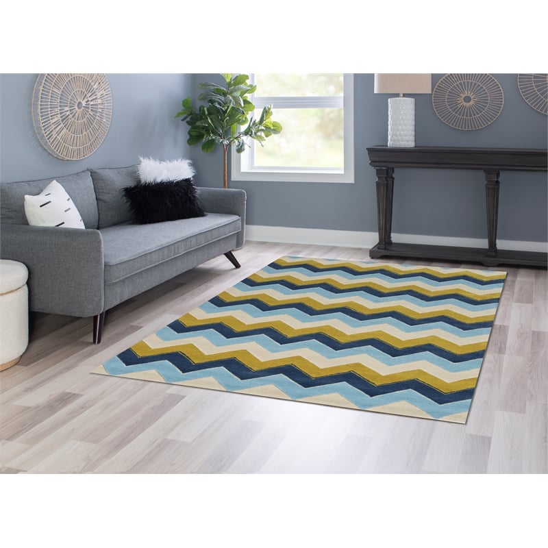 Linon Trio Zag Hand Tufted Polyester 5'x7' Rug in Blue