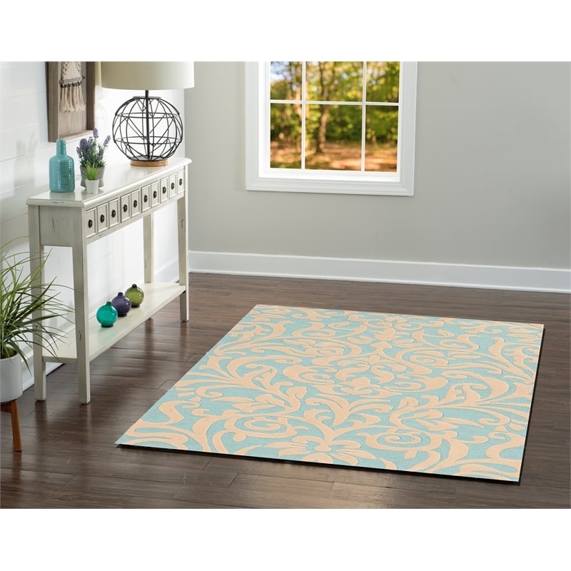 Linon Trio Damask Hand Tufted Polyester 5'x7' Rug in Aqua Blue and Ivory