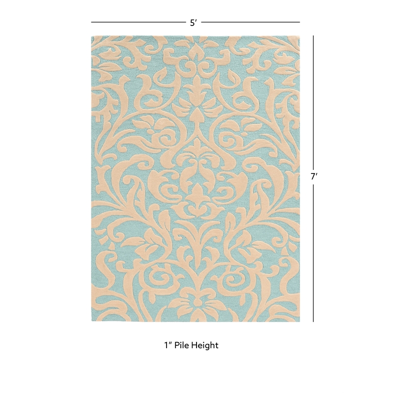 Linon Trio Damask Hand Tufted Polyester 5'x7' Rug in Aqua Blue and Ivory