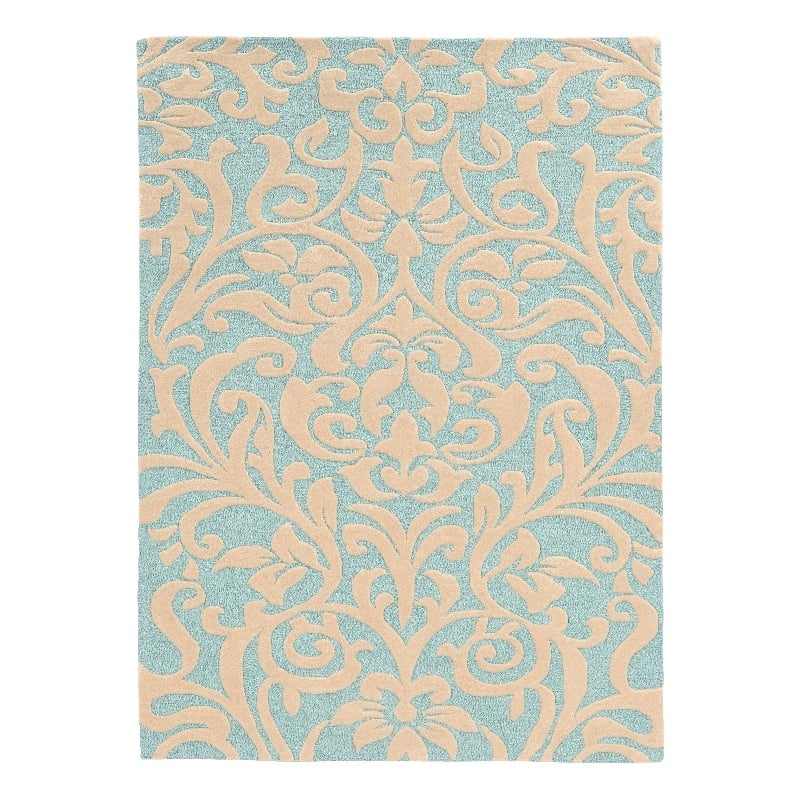 Linon Trio Damask Hand Tufted Polyester 5'x7' Rug in Aqua Blue and Ivory