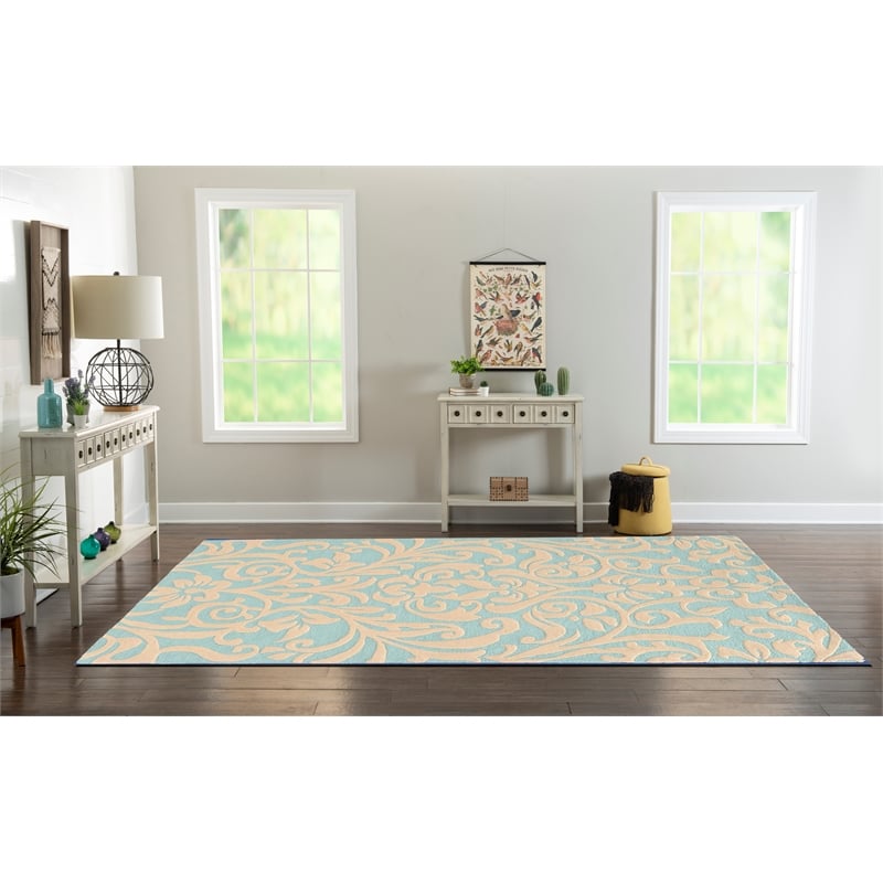 Linon Trio Damask Hand Tufted Polyester 8'x10' Rug in Aqua Blue and Ivory