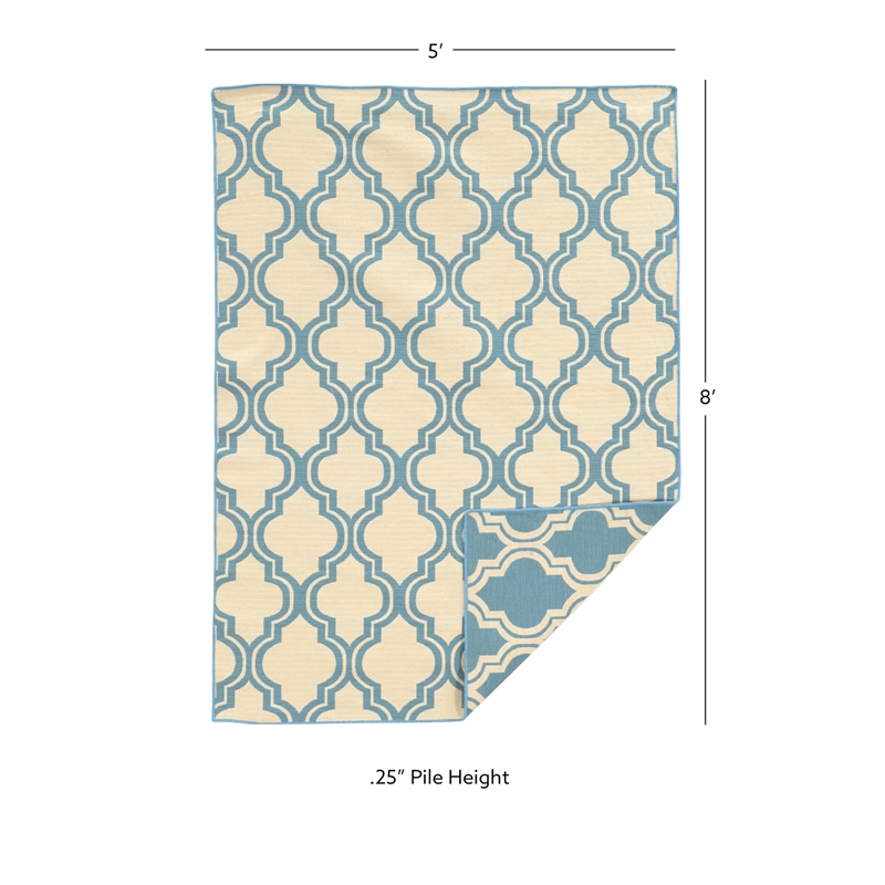 Linon Salonika Quatrefoil Reversible Woven Wool 5'x8' Rug in Light Blue