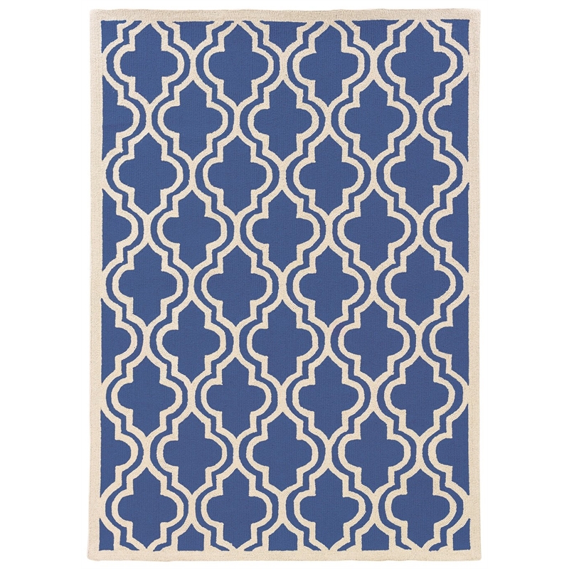 Linon Silhouette Quatrefoil Hand Hooked Wool 5'x7' Rug in Navy