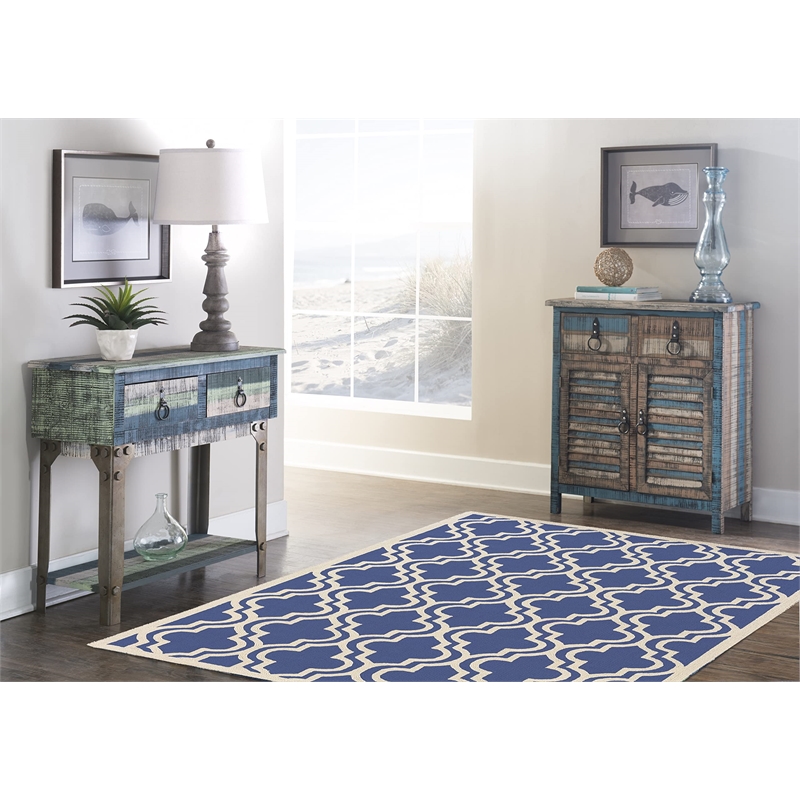 Linon Silhouette Quatrefoil Hand Hooked Wool 5'x7' Rug in Navy