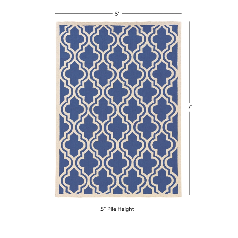 Linon Silhouette Quatrefoil Hand Hooked Wool 5'x7' Rug in Navy