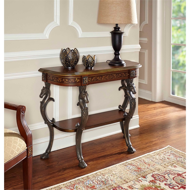 Linon Masterpiece Floral Demilune Metal and Wood Console Table in Brown Cymax Business