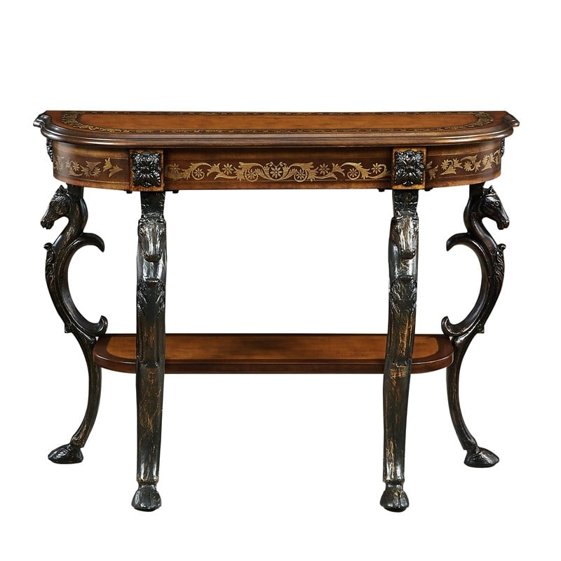 Linon Masterpiece Floral Demilune Metal and Wood Console Table in Brown