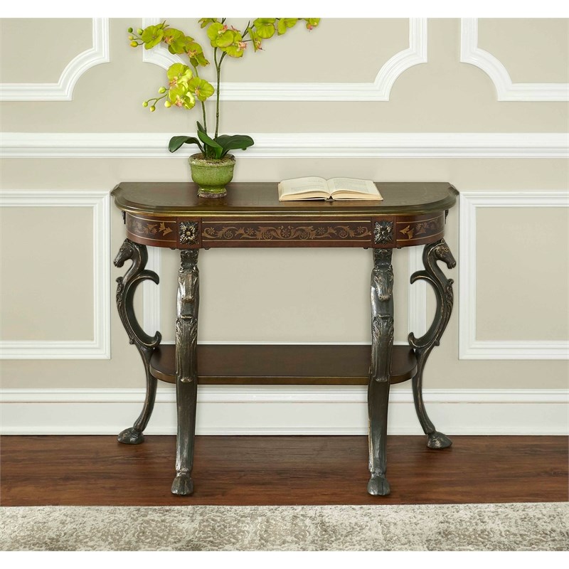 Linon Masterpiece Floral Demilune Metal and Wood Console Table in Brown