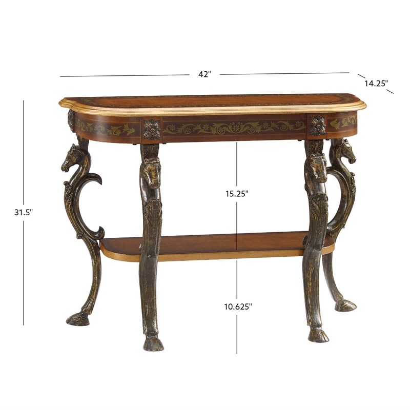 Linon Masterpiece Floral Demilune Metal and Wood Console Table in Brown
