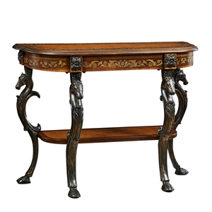 linon masterpiece floral demilune metal and wood console table in brown