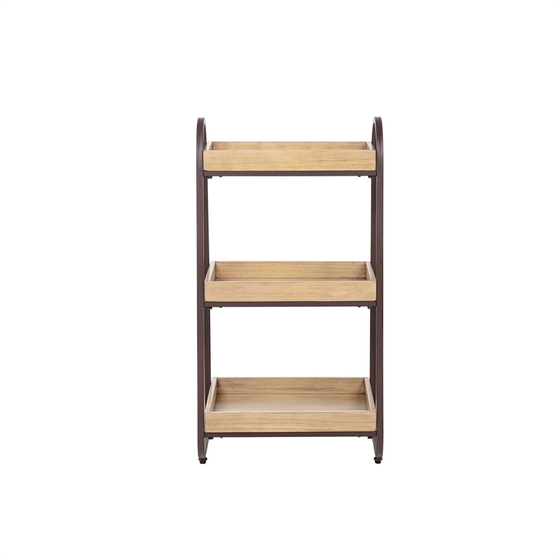Linon Three Tiered Storage Stand in Rustic Brown Metal and Natural Wood