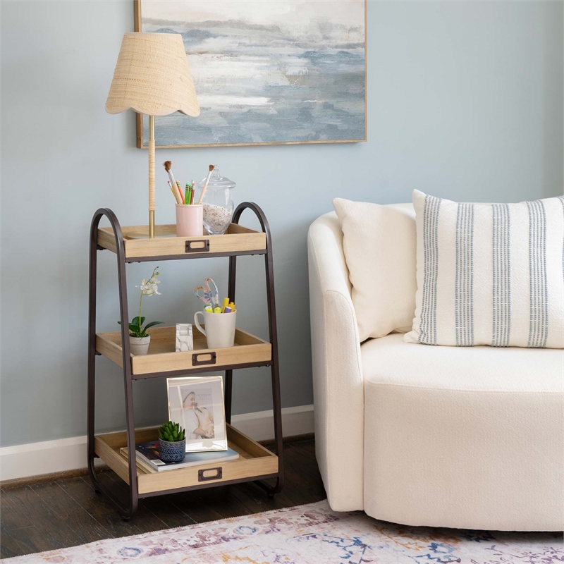 Linon Three Tiered Storage Stand in Rustic Brown Metal and Natural Wood