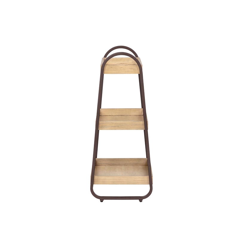 Linon Three Tiered Storage Stand in Rustic Brown Metal and Natural Wood