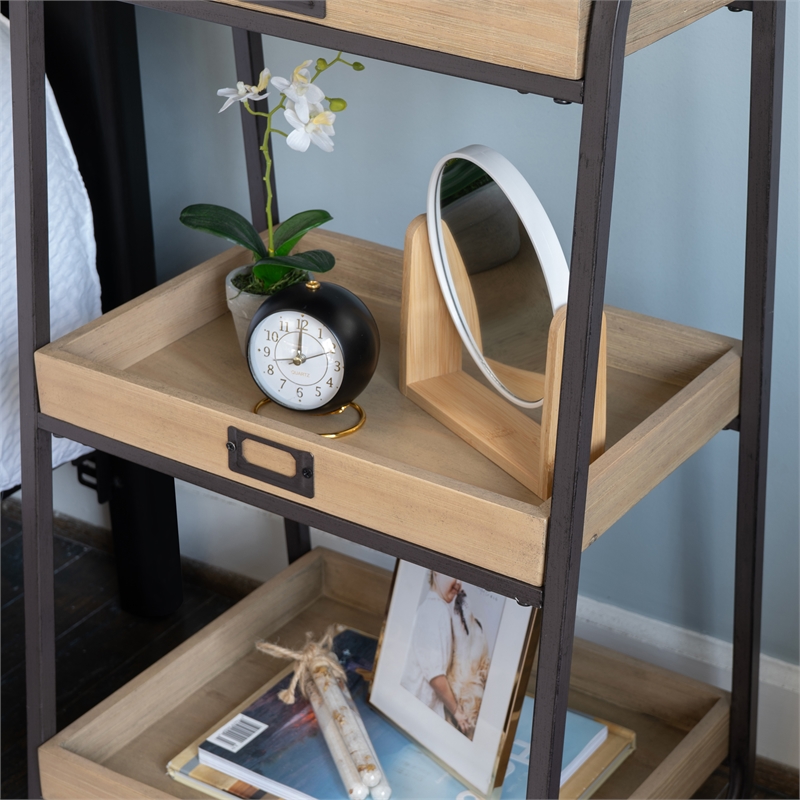 Linon Three Tiered Storage Stand in Rustic Brown Metal and Natural Wood