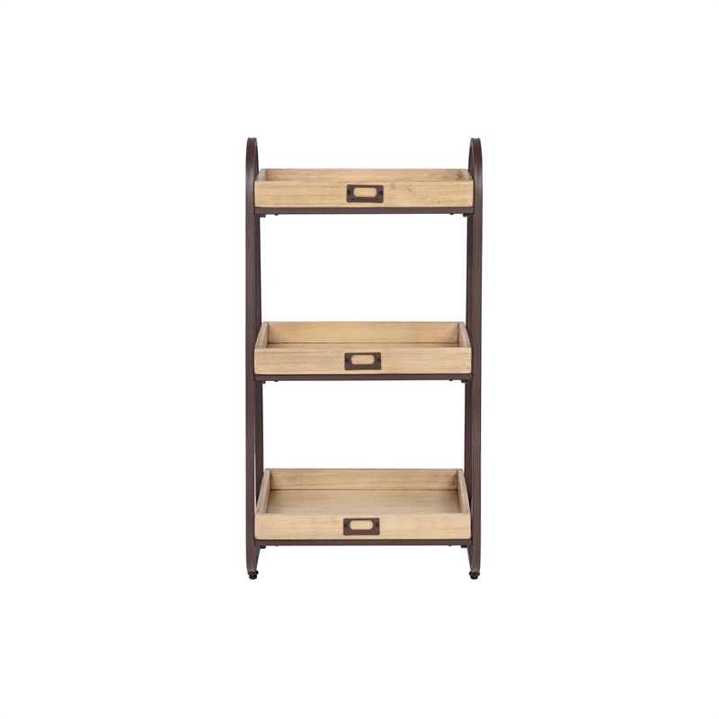 Linon Three Tiered Storage Stand in Rustic Brown Metal and Natural Wood