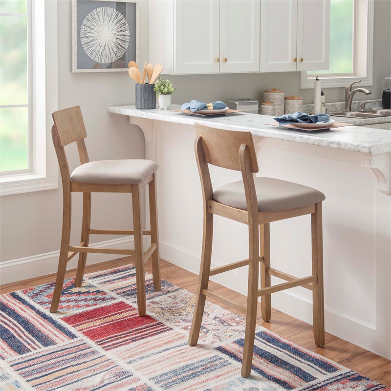 Linon Jordan Wood Bar Stool with Grey Padded Seat in Grey Wash Glaze Finish