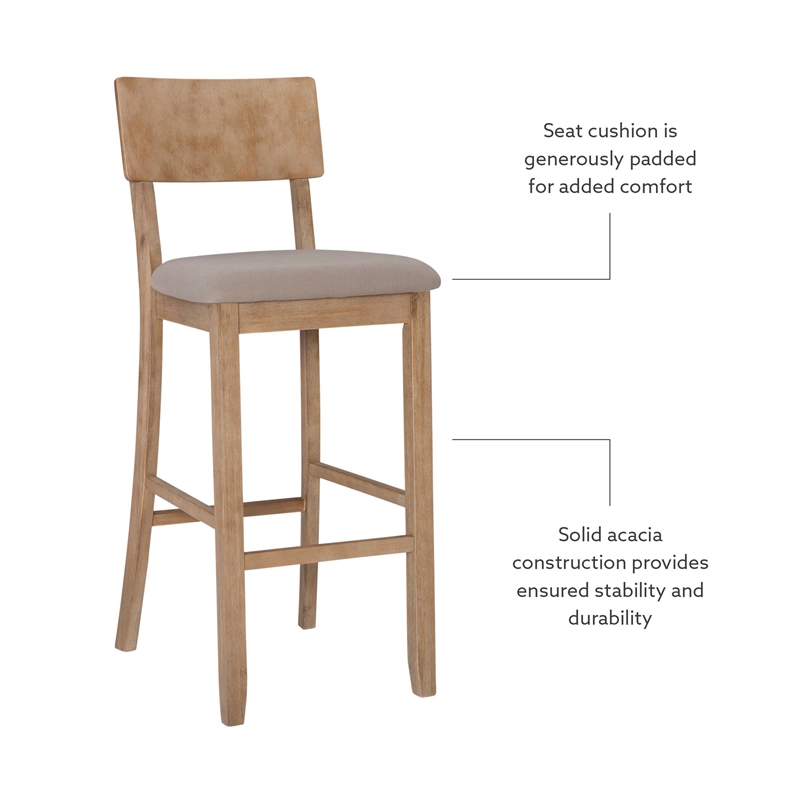 Linon Jordan Wood Bar Stool with Grey Padded Seat in Grey Wash Glaze Finish
