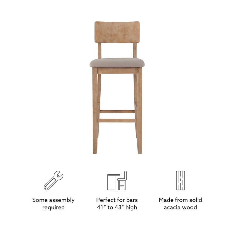Linon Jordan Wood Bar Stool with Grey Padded Seat in Grey Wash Glaze Finish