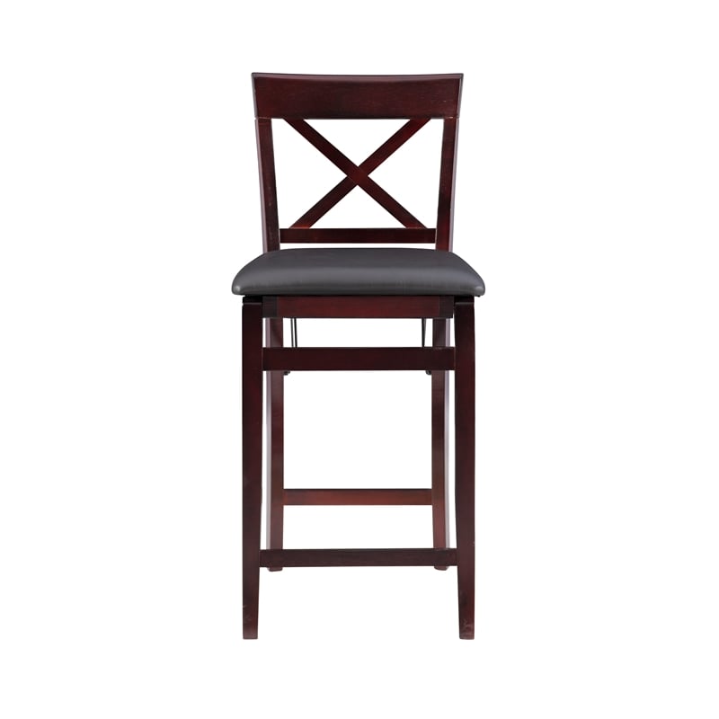 Linon Triena X-Back Folding Counter Stool Brown Faux Leather Seat in Merlot Wood