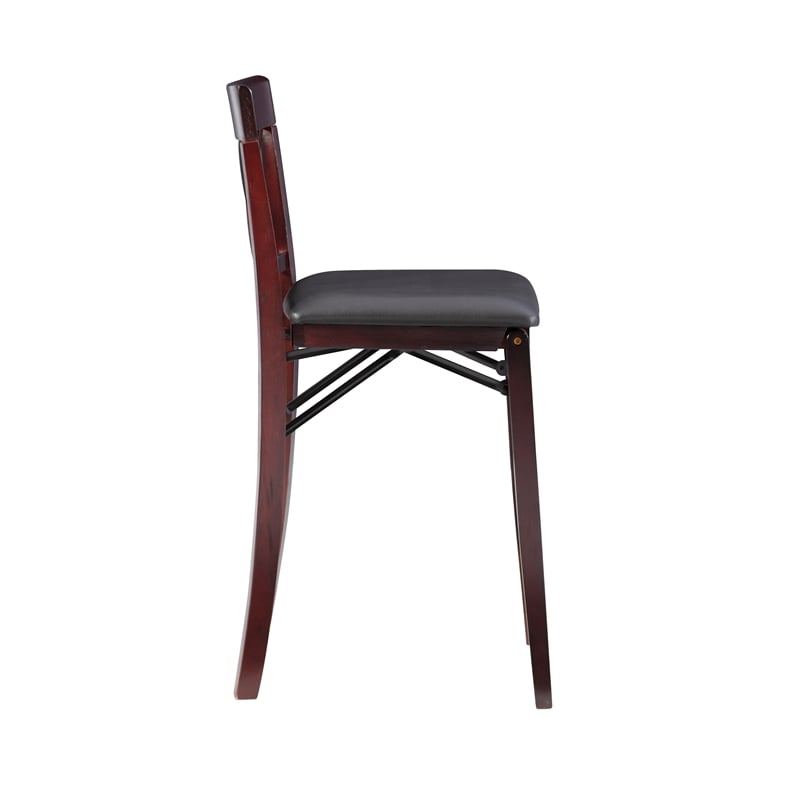 Linon Triena X-Back Folding Counter Stool Brown Faux Leather Seat in Merlot Wood