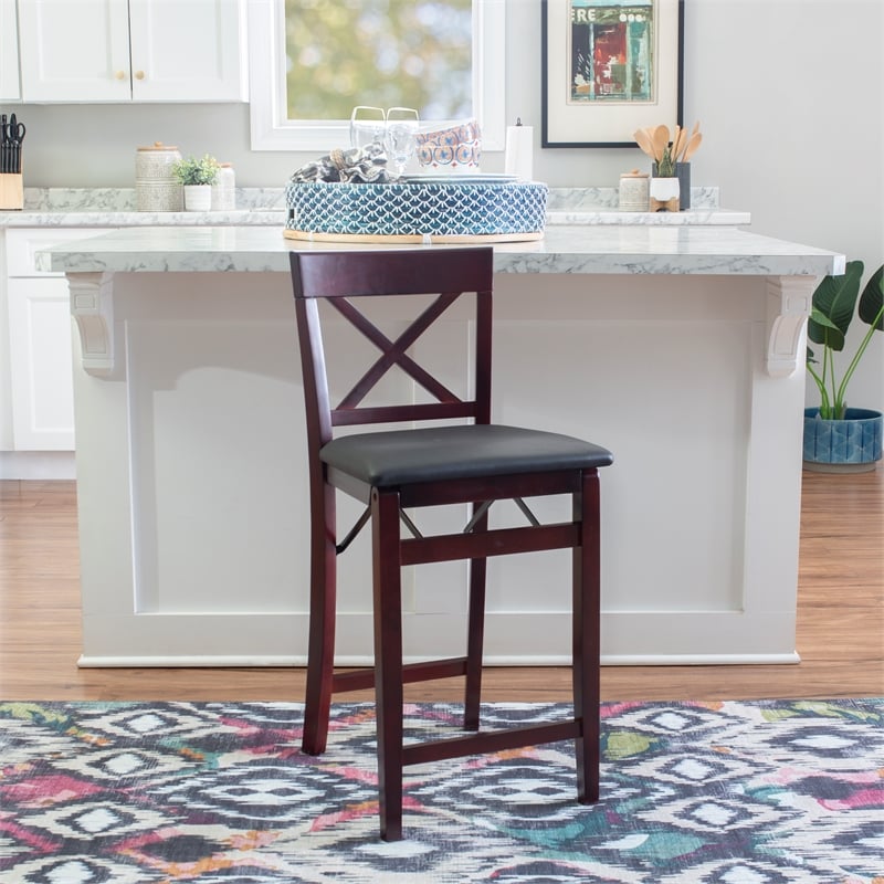 Linon Triena X-Back Folding Counter Stool Brown Faux Leather Seat in Merlot Wood