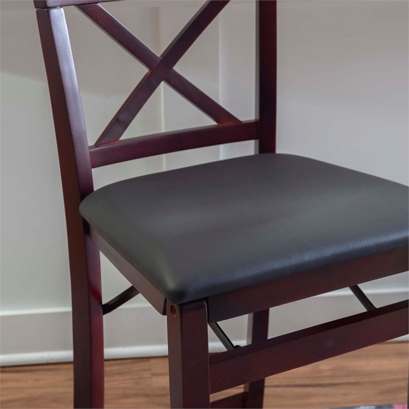 Linon Triena X-Back Folding Counter Stool Brown Faux Leather Seat in Merlot Wood