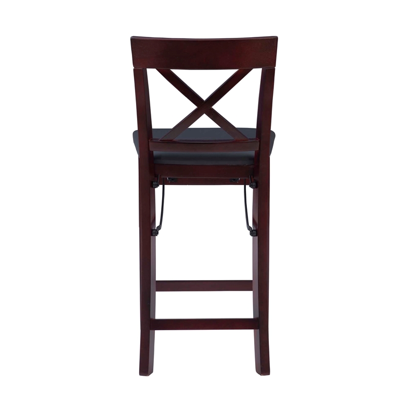 Linon Triena X-Back Folding Counter Stool Brown Faux Leather Seat in Merlot Wood