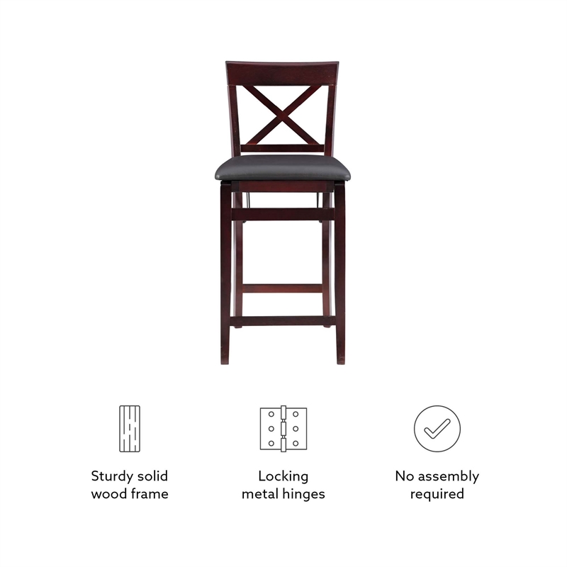 Linon Triena X-Back Folding Counter Stool Brown Faux Leather Seat in Merlot Wood
