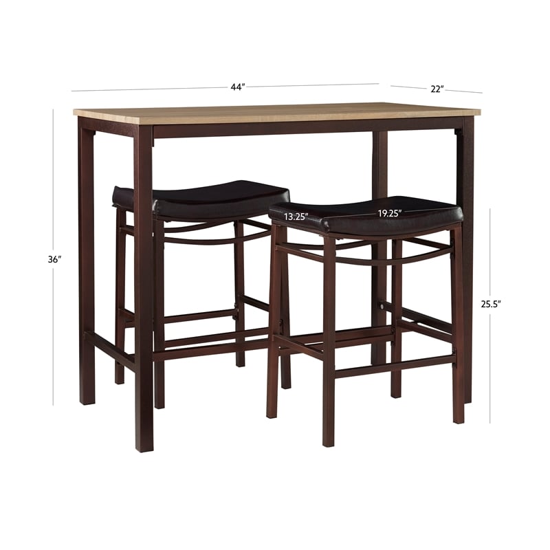 Linon Holly 3 Piece Steel & Wood Counter Height Pub Set Padded Seats in Brown