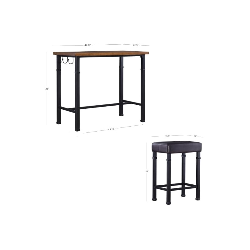 Linon Austin 3 Piece Pub Set Wood Table Top Padded Stools Metal Legs in Black