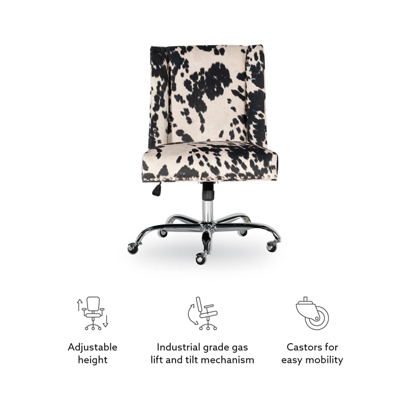 Linon Draper Wood Upholstered Office Chair in Black Cow Print