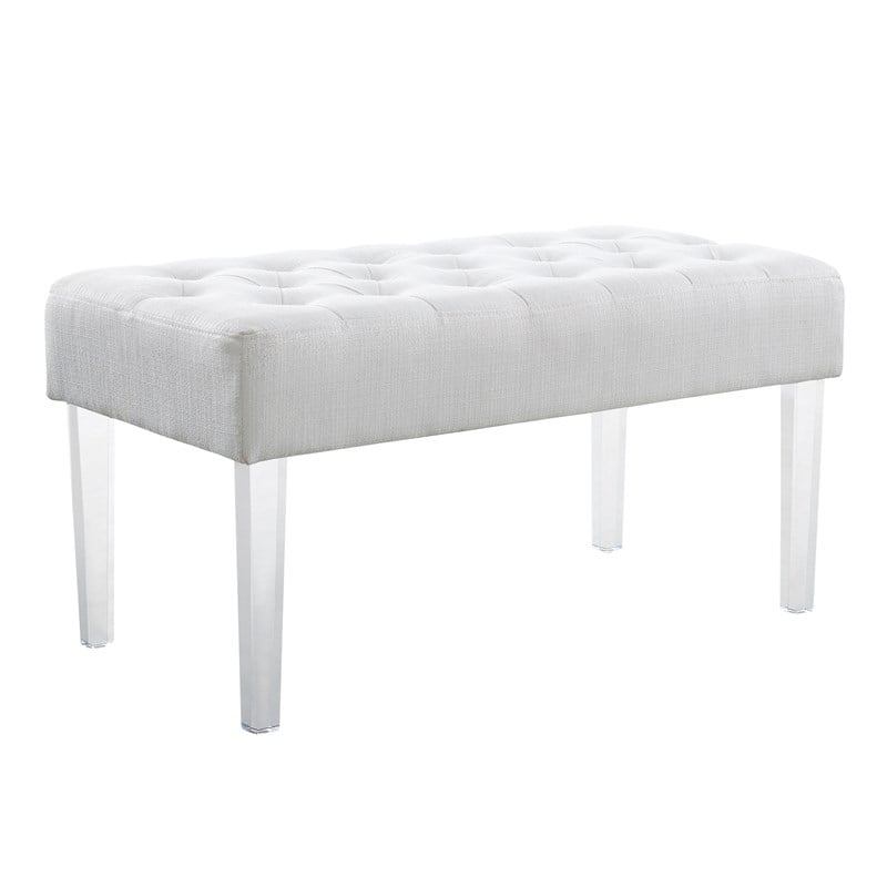 Linon Ella Clear Acrylic Leg Upholstered Tufted Bench in White/Silver Fabric