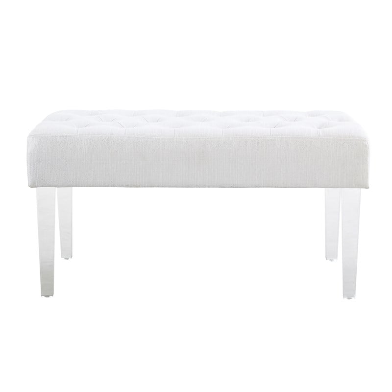 Linon Ella Clear Acrylic Leg Upholstered Tufted Bench in White/Silver Fabric