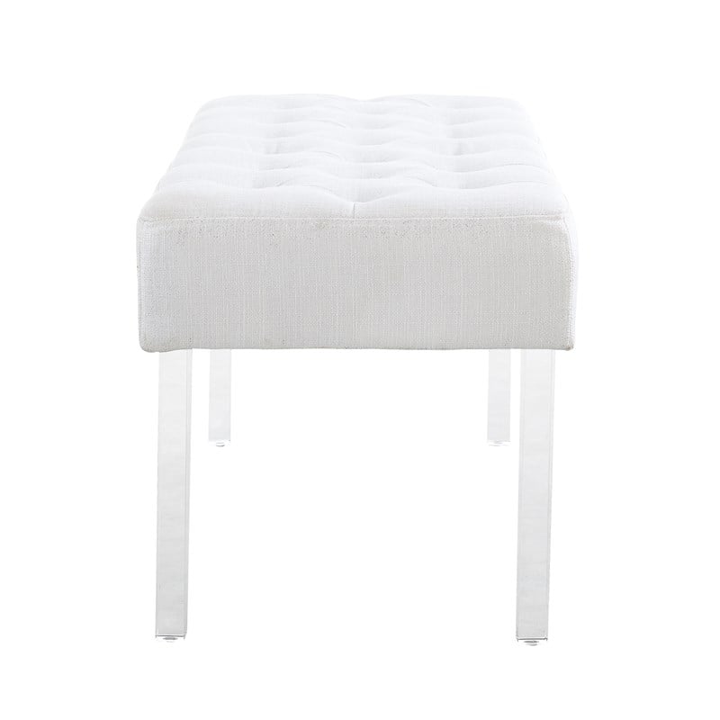 Linon Ella Clear Acrylic Leg Upholstered Tufted Bench in White/Silver Fabric