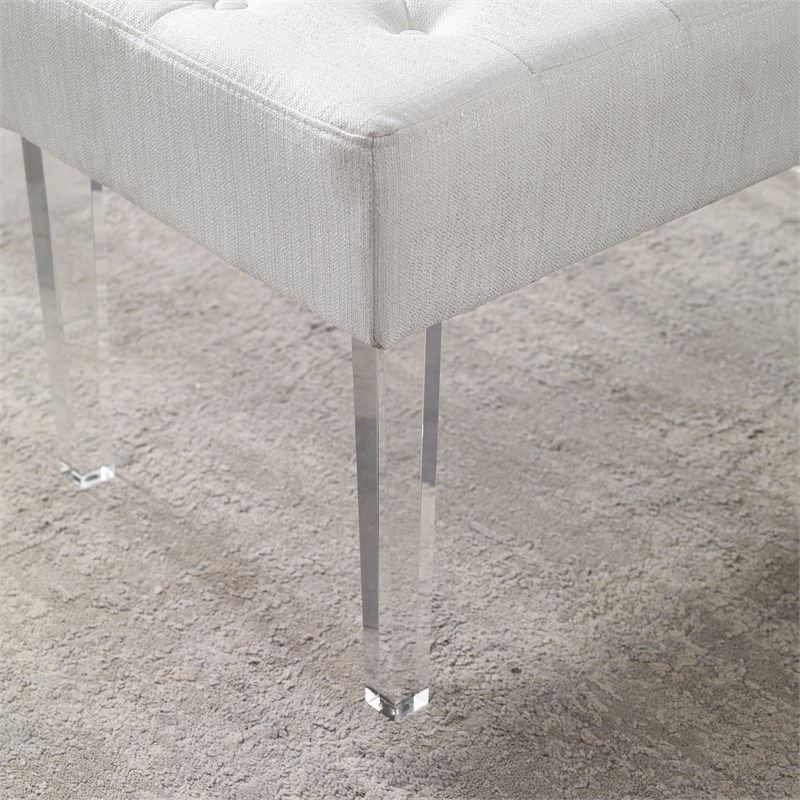 Linon Ella Clear Acrylic Leg Upholstered Tufted Bench in White/Silver Fabric