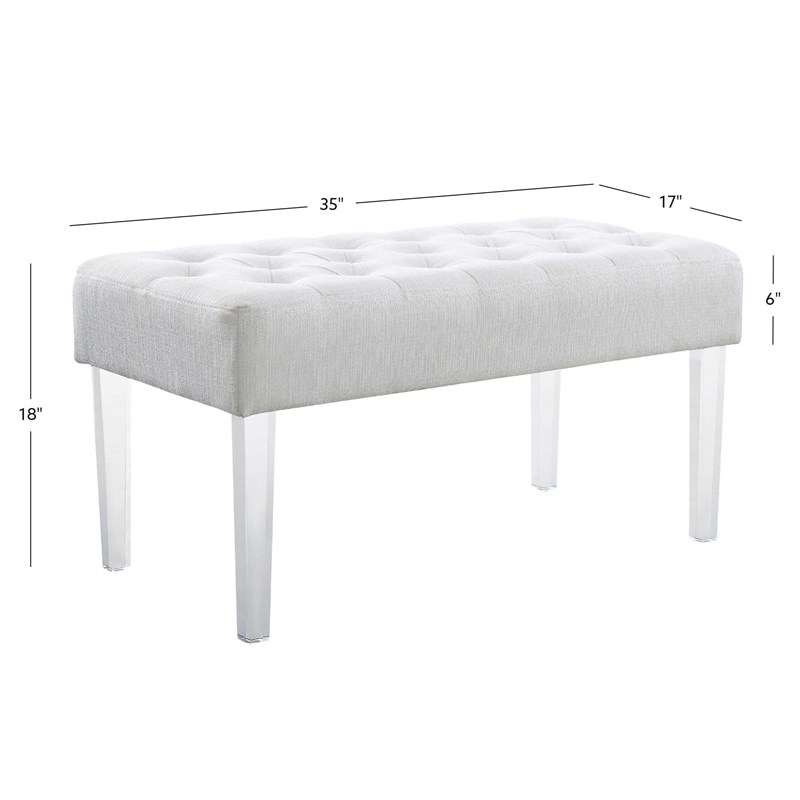 Linon Ella Clear Acrylic Leg Upholstered Tufted Bench in White/Silver Fabric