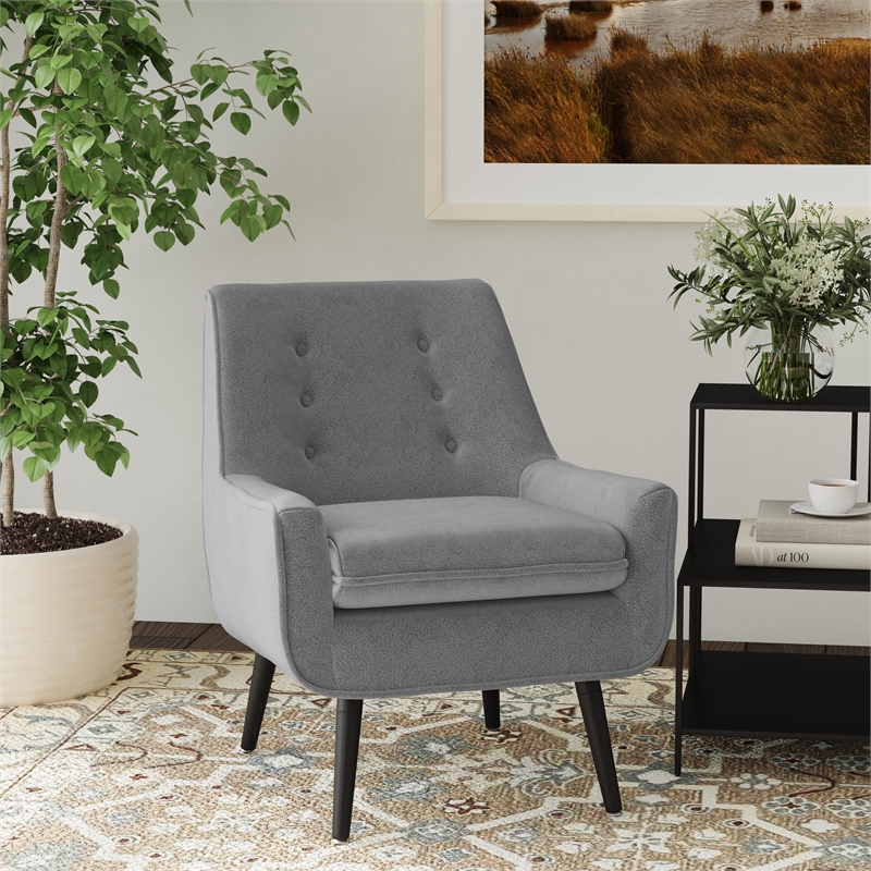 Linon Trelis Upholstered Tufted Accent Chair with Black Wood Legs in Gray Fabric